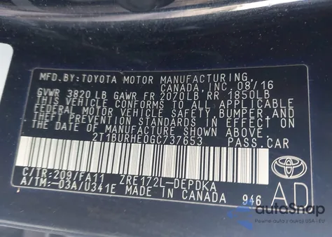 2016 Toyota Corolla L из США, поврежденный, VIN 2T1BURHE0GC737653